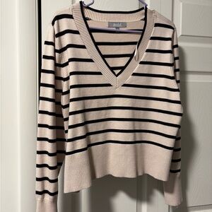 Marled Black and Cream Striped V-Neck Sweater